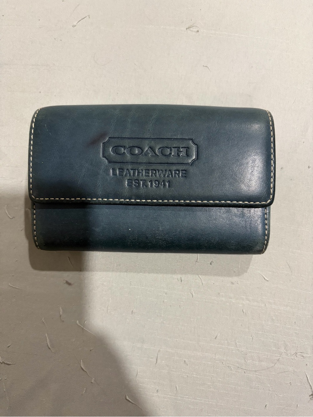 Coach Dark Teal Embossed Leather Trifold Wallet